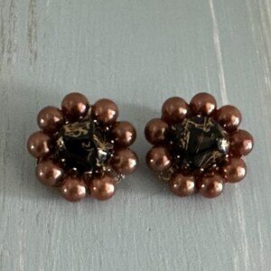 Beautiful Brown Bead Cluster Clip On Earrings